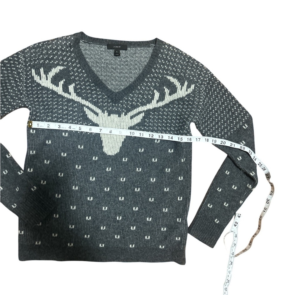 J.Crew 100% Wool Reindeer Sweater Gray White V Neck Nordic Small - Picture 4 of 9